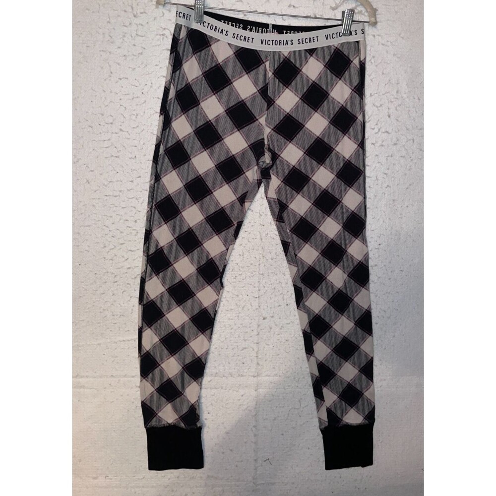 Victoria Secret sz M Black White Diamond Plaid Pajama Pant Thermal waffle Logo